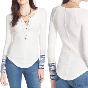 Free People Ski Lodge Henley Shirt Thermal Waffle Knit Crochet Cuffs